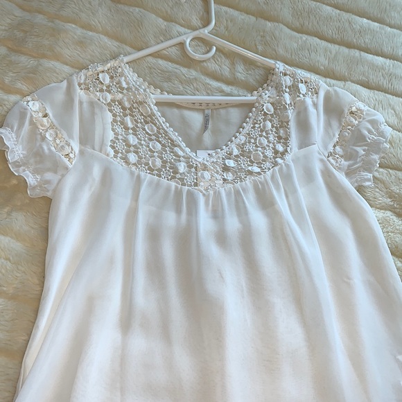 ivory chiffon sheer layered puff slv babydoll tunic blouse top L - Picture 8 of 11